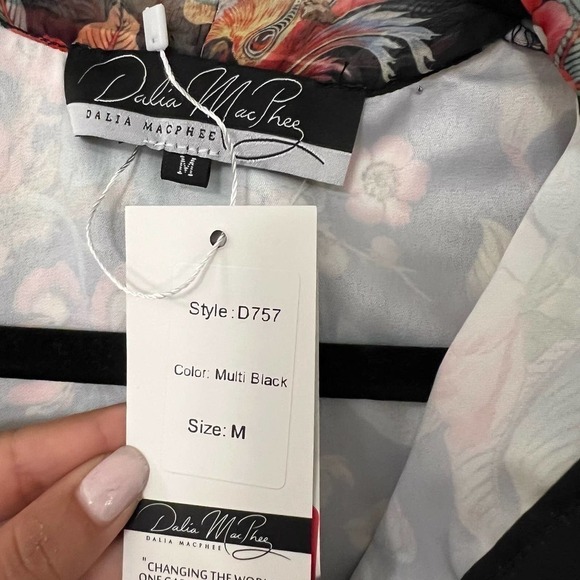 Dalia MacPhee Short Sleeve Tie Neck Floral Mini Dress With Lace Trim Medium NWT - Picture 7 of 7